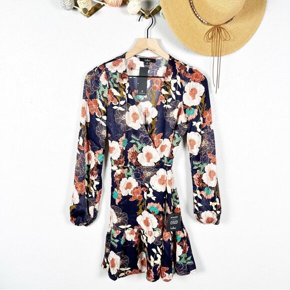 Lulus So Splendid Navy Blue Floral Satin Long Sleeve Wrap Mini Dress Size XS - Picture 7 of 8